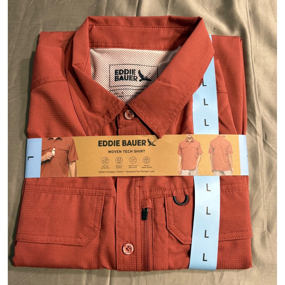 Eddie Bauer Men Woven Tech Shirt Short Sleeve Red UPF 50 EB011287 Large NWT